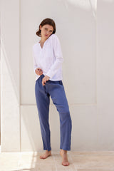 Jadea 3306 pigiama lungo in jersey di cotone e pantalone effetto crepe bianco