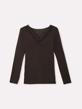 Jadea 4529 maglia caffe in modal e cashmere con scollo a v in pizzo