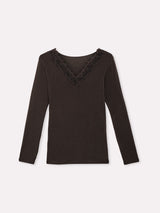 Jadea 4529 maglia caffe in modal e cashmere con scollo a v in pizzo