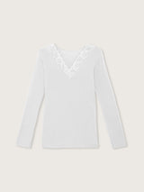 Jadea 4529 maglia perla in modal e cashmere con scollo a v in pizzo