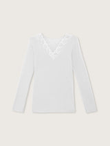 Jadea 4529 maglia perla in modal e cashmere con scollo a v in pizzo