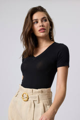 Jadea 4632 T-shirt scollo a "V" cotone modal e lino nero