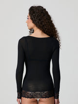 Jadea 4649 maglia nera in modal e cashmere con polsini in pizzo