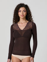 Jadea 4650 maglia caffe in modal e cashmere con scollo a V in pizzo