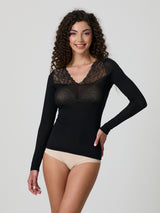 Jadea 4650 maglia nera in modal e cashmere con scollo a V in pizzo