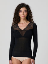 Jadea 4650 maglia nera in modal e cashmere con scollo a V in pizzo