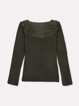 Jadea 4650 maglia in modal e cashmere con scollo a V in pizzo oliva
