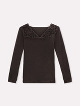 Jadea 4650 maglia caffe in modal e cashmere con scollo a V in pizzo