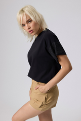 Oversized T-shirt with laminated mesh sleeve