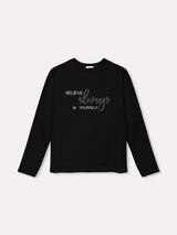 Jadea 4857B maglia donna girocollo manica lunga cotone tinta unita scritta nero