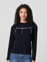 Jadea 4857B maglia donna girocollo manica lunga cotone tinta unita scritta nero