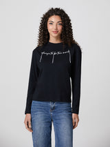 Jadea 4857B maglia donna girocollo manica lunga cotone tinta unita scritta nero