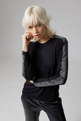 Jadea 4859 maglia donna girocollo viscosa tinta unita e fascia laminata nero