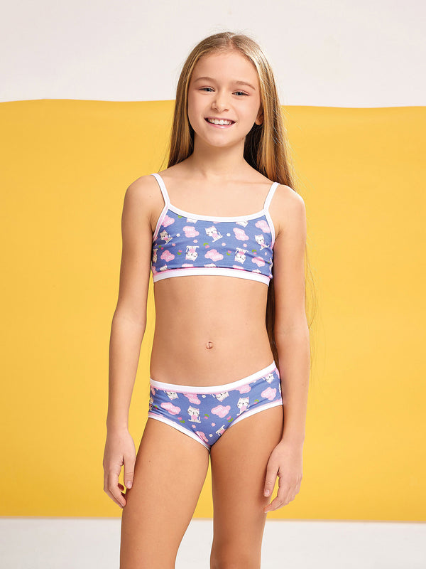 Jadea 244 coordinato bimba cotone con brassiere fantasia gattina blu 
