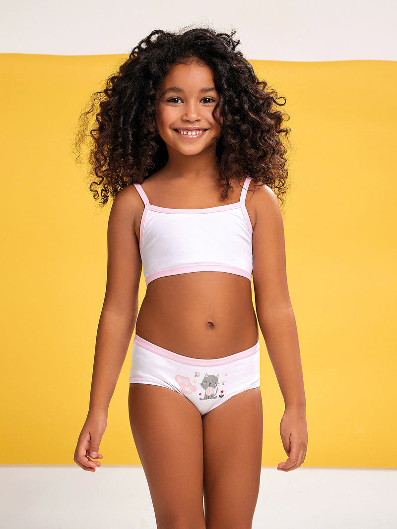 Jadea 244 coordinato bimba cotone con brassiere fantasia gattina bianco
