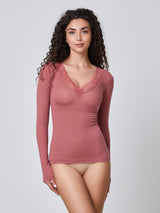 Jadea 4529 maglia in modal e cashmere con scollo a V in pizzo cameo