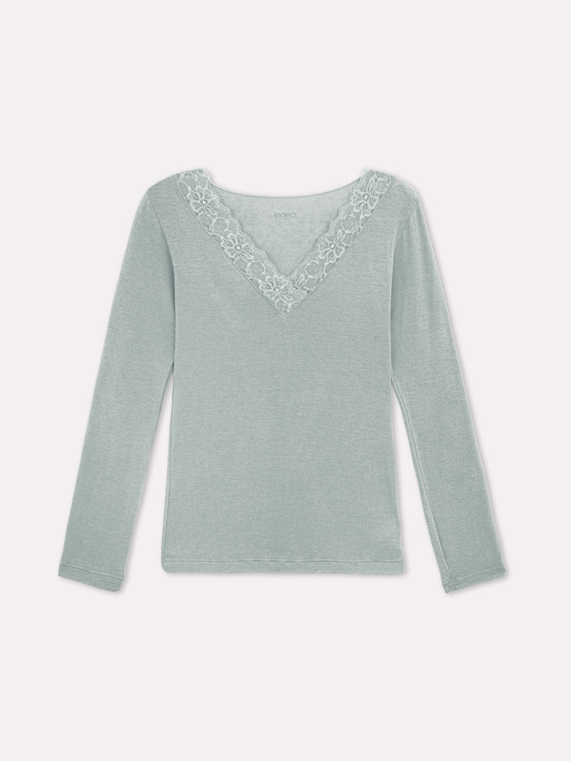 Lazutom Maglia Intima Invernale Donna – Maniche Lunghe, Scollo A V, Fodera In Pile, Pizzo, Morbida
