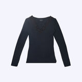 Jadea 4529 maglia nera in modal e cashmere con scollo a V in pizzo