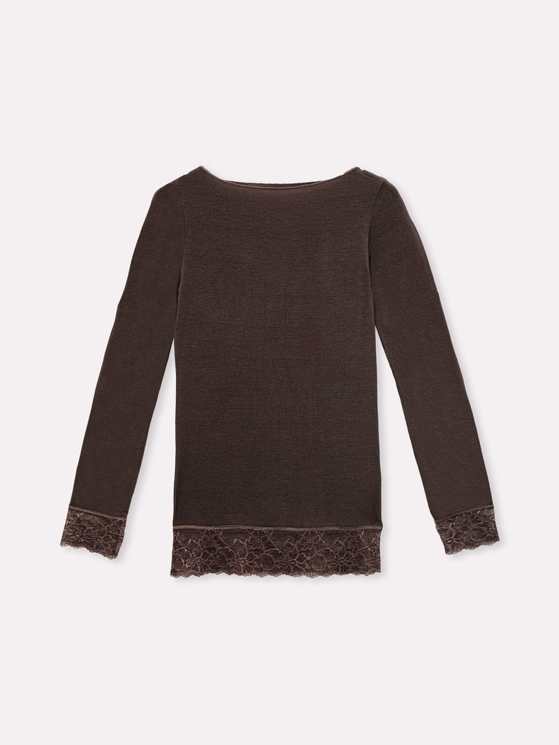 Jadea 4649 maglia caffe in modal e cashmere con polsini in pizzo 