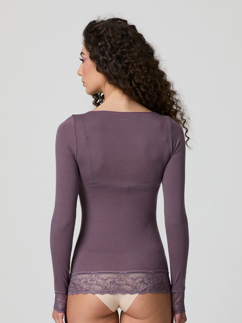 Jadea 4649 maglia caffe in modal e cashmere con polsini in pizzo 