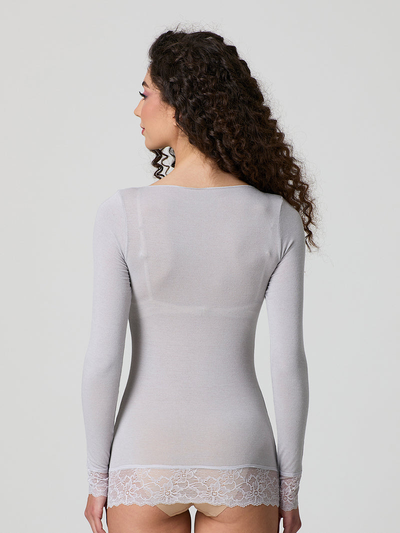 Jadea 4649 maglia perla in modal e cashmere con polsini in pizzo 