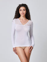 Jadea 4650 maglia in modal e cashmere con scollo a V in pizzo bianco