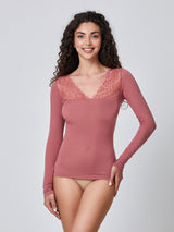Jadea 4650 maglia in modal e cashmere con scollo a V in pizzo cameo