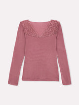 Jadea 4650 maglia in modal e cashmere con scollo a V in pizzo cameo