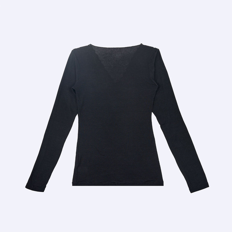 Jadea 4650 maglia nera in modal e cashmere con scollo a V in pizzo