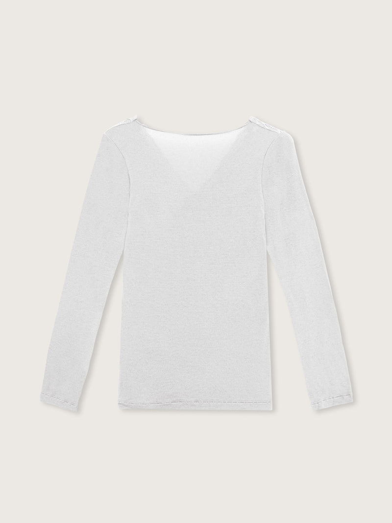 Jadea 4650 maglia perla in modal e cashmere con scollo a V in pizzo
