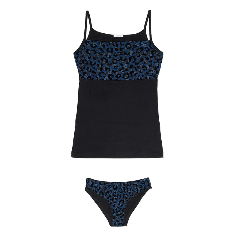 Jadea 4668 top e slip blu in tulle a fantasia animalier con dettagli flock samba