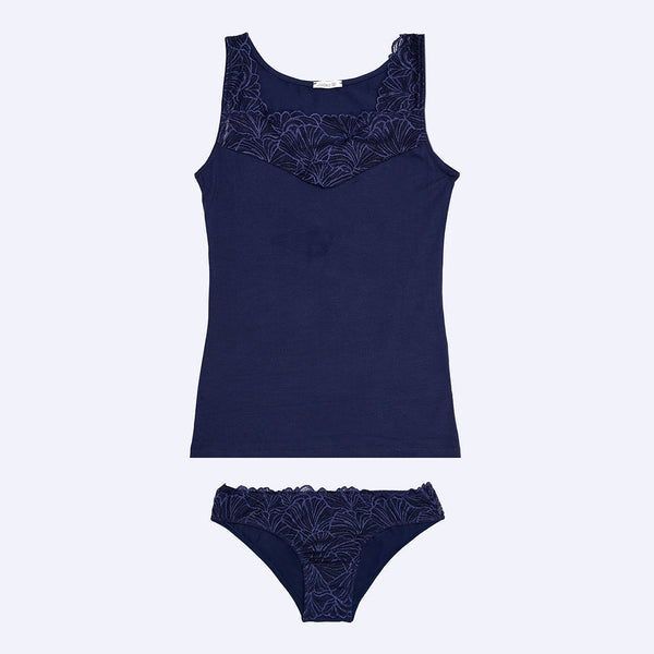 Jadea 4679 canotta e slip con ricami bicolore a foglie blu tango 