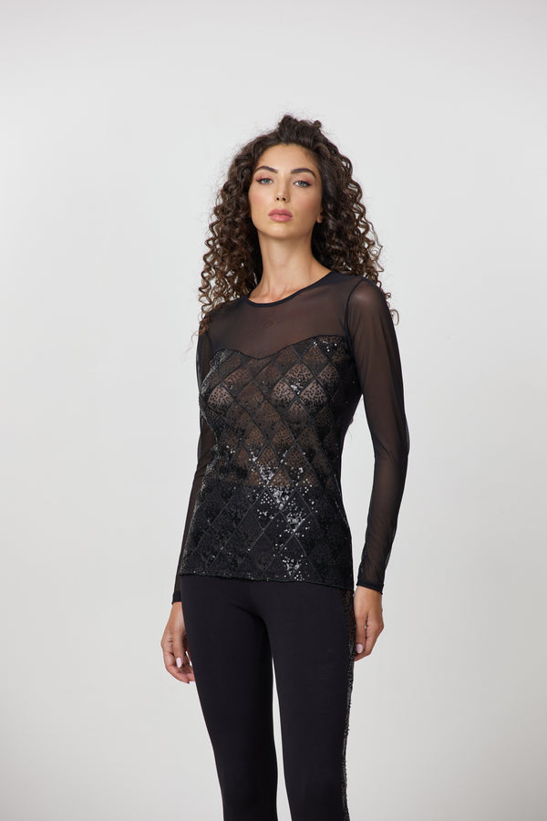 Jadea 4695 maglia a manica lunga in tulle e paillettes charleston