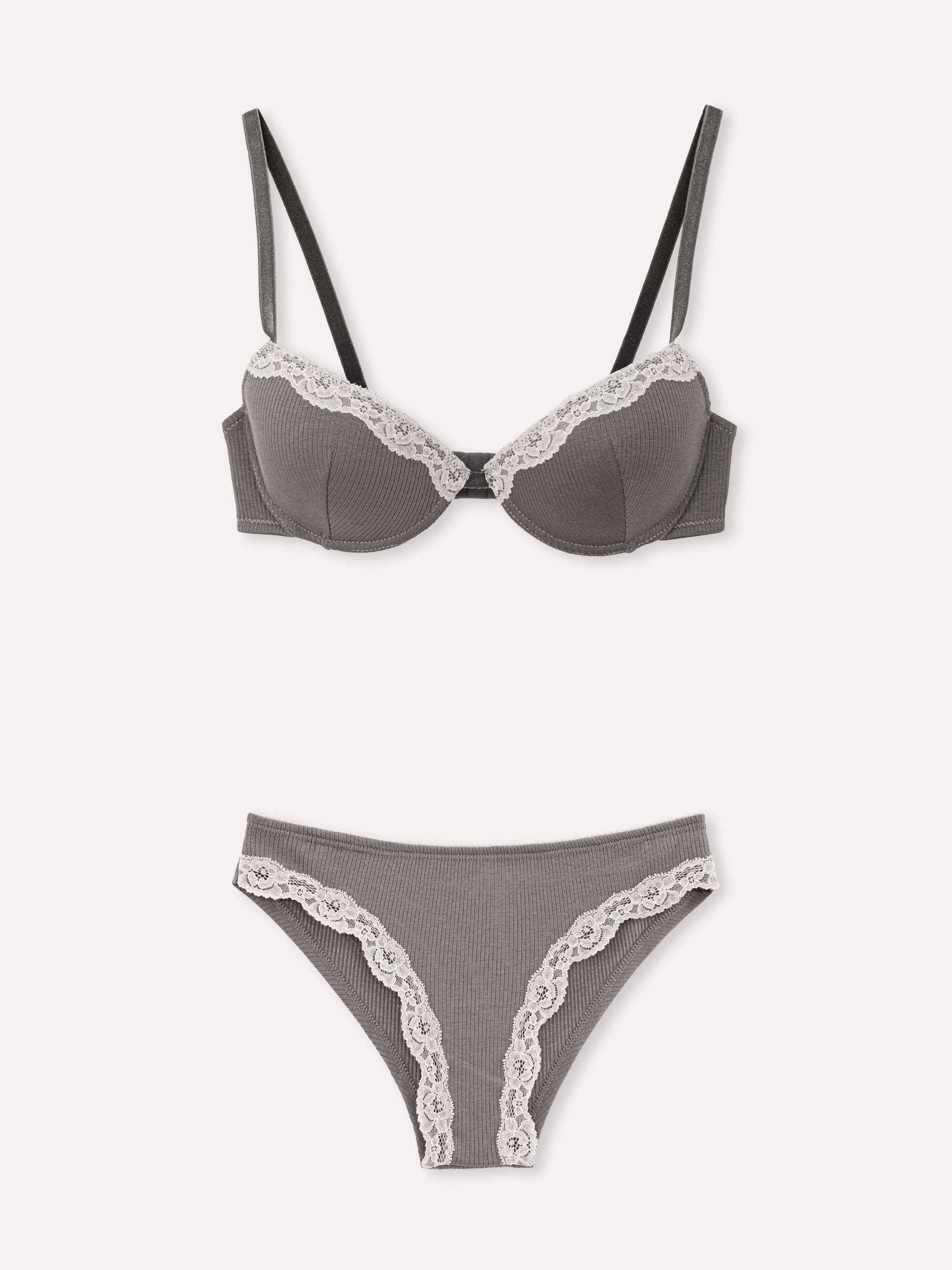 Coordinato push-up e brasiliana a costine con pizzo serie Nebula