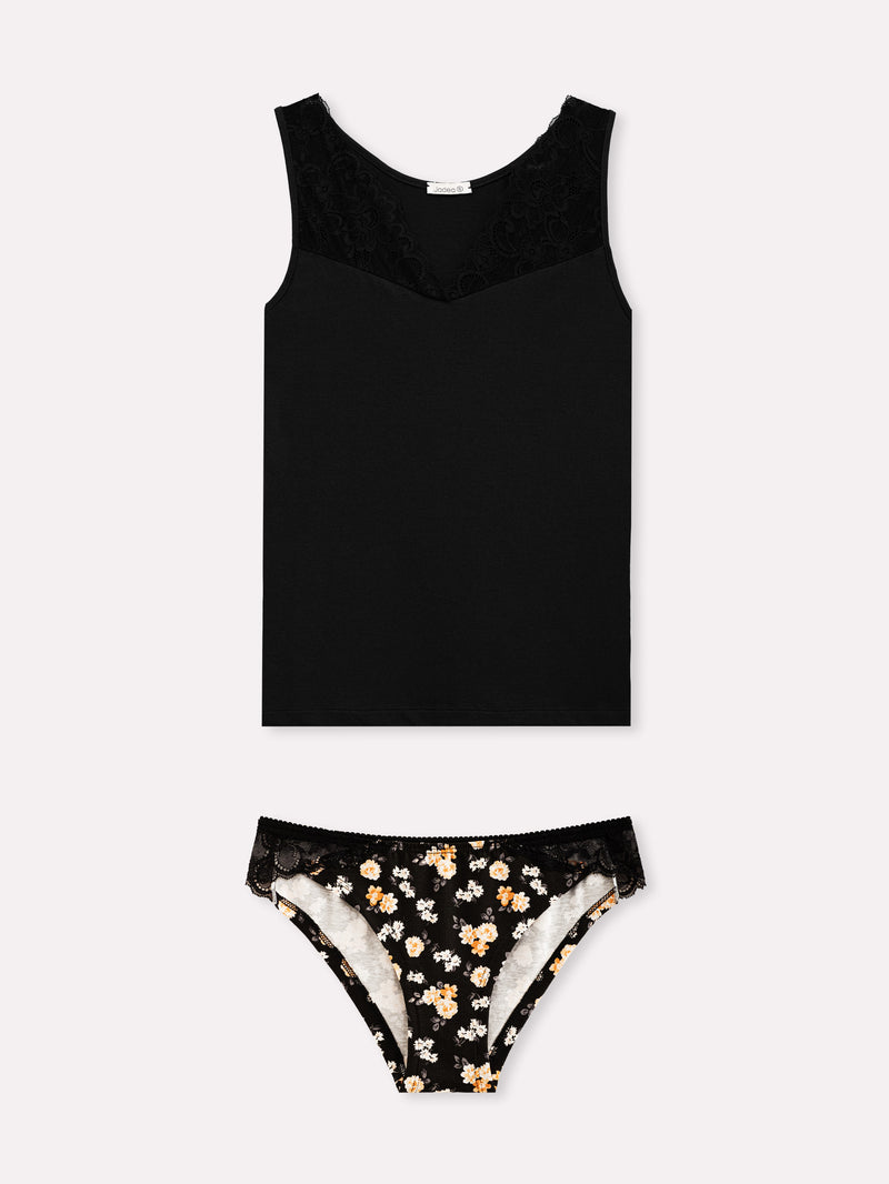 Jadea 4817 coordinato canotta slip fantasia floreale e pizzo nero serie eclissi