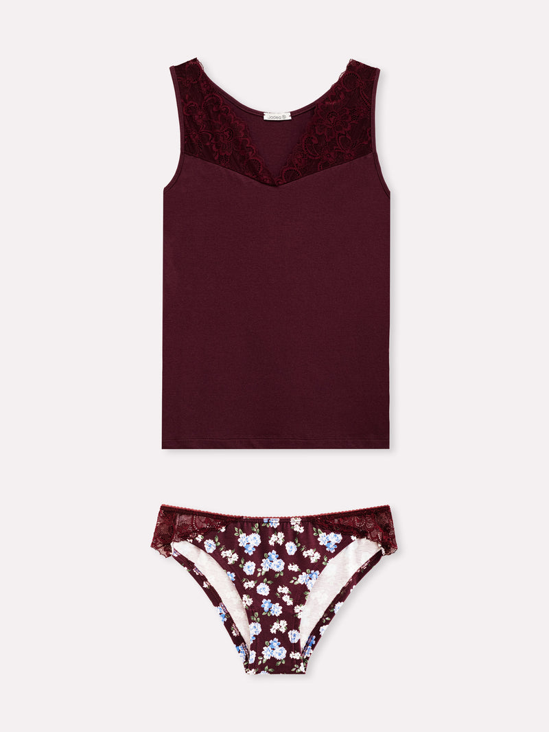 Jadea 4817 coordinato canotta slip fantasia floreale e pizzo prugna serie eclissi