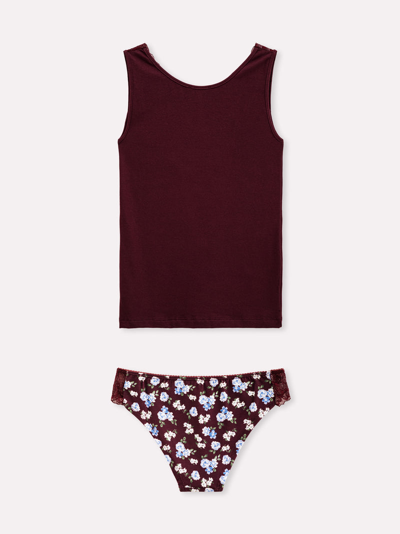 Jadea 4817 coordinato canotta slip fantasia floreale e pizzo prugna serie eclissi