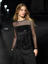 Jadea 4823 maglia effetto velluto con tulle e paillette nero 
