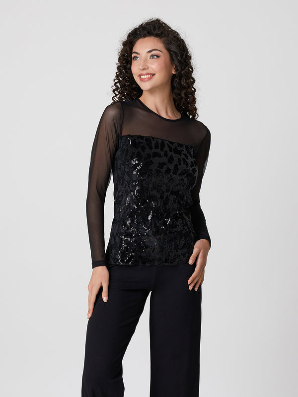 Jadea 4823 maglia effetto velluto con tulle e paillette nero 