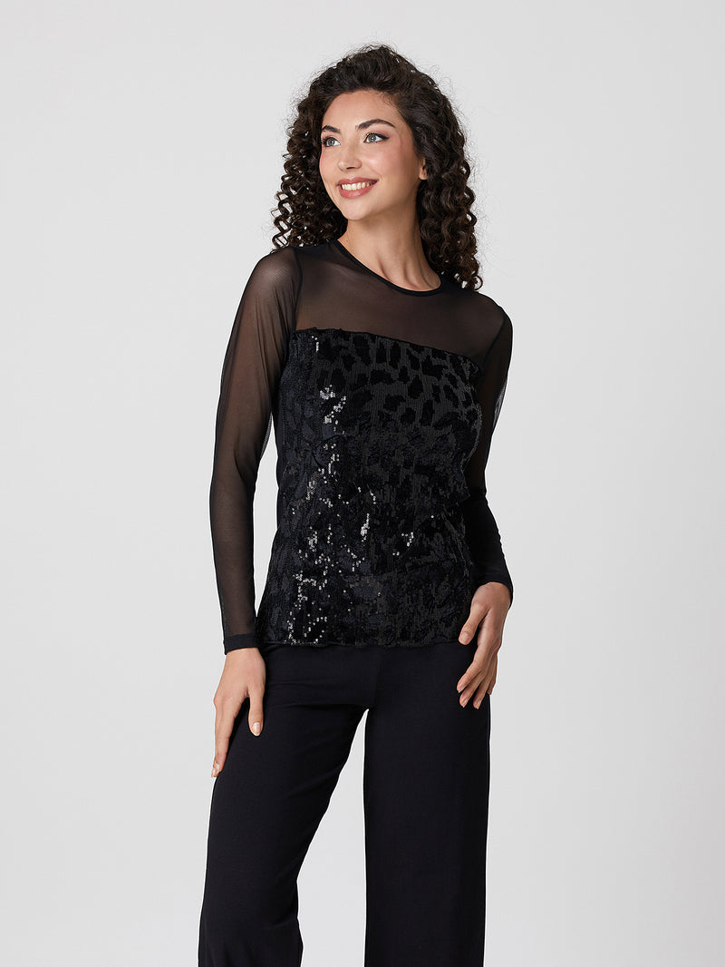 Jadea 4823 maglia effetto velluto con tulle e paillette nero 