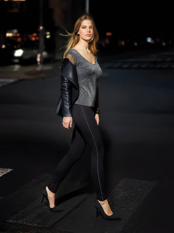 Jadea 4829 leggings in cotone con cucitura glitter nero 