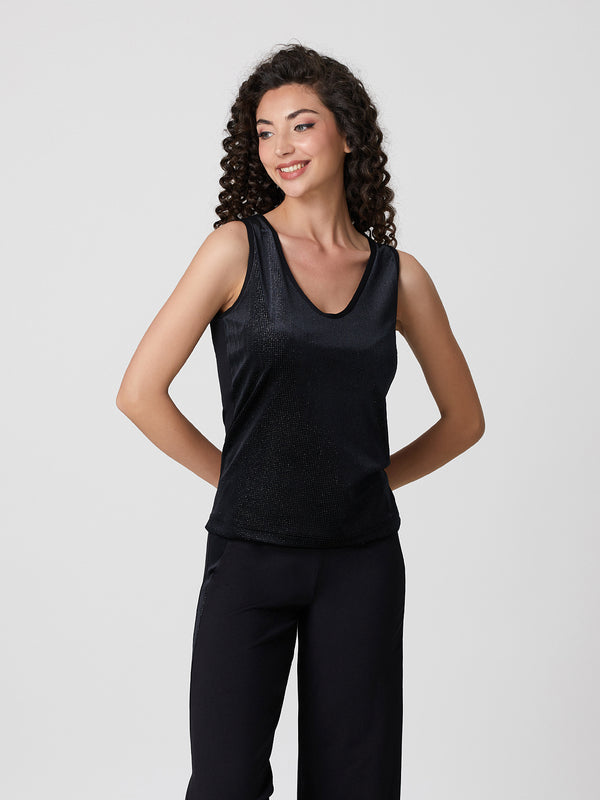 Jadea 4830 canotta effetto velluto scollo a V e glitter nero 