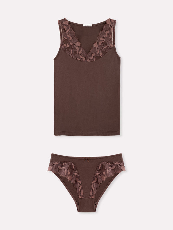 Jadea 4850 coordinato canotta e slip con ricami floreali uvetta serie rugiada
