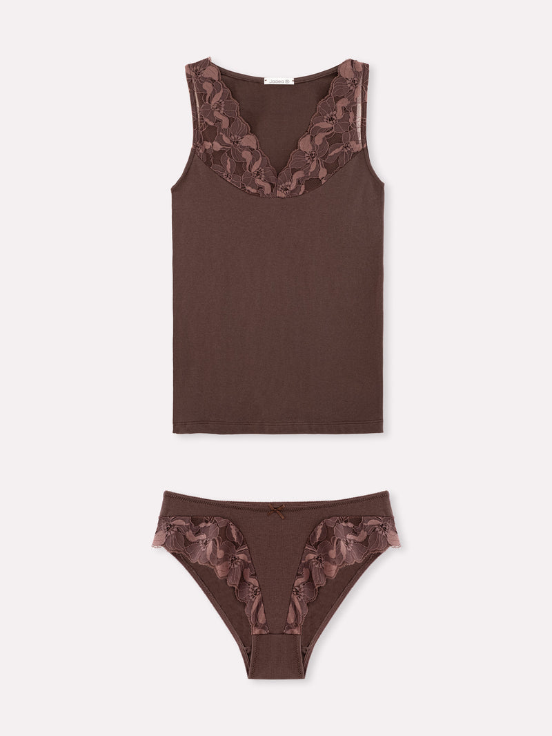 Jadea 4850 coordinato canotta e slip con ricami floreali uvetta serie rugiada
