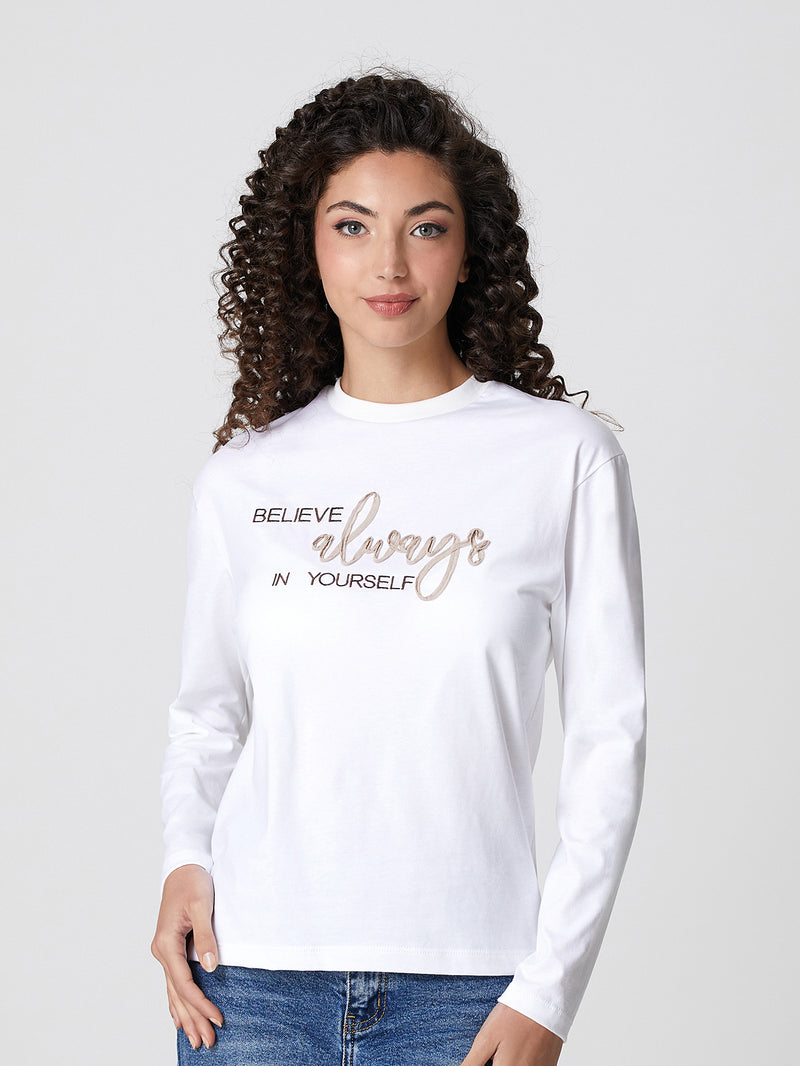 Jadea 4857B maglia donna girocollo manica lunga cotone tinta unita scritta latte 