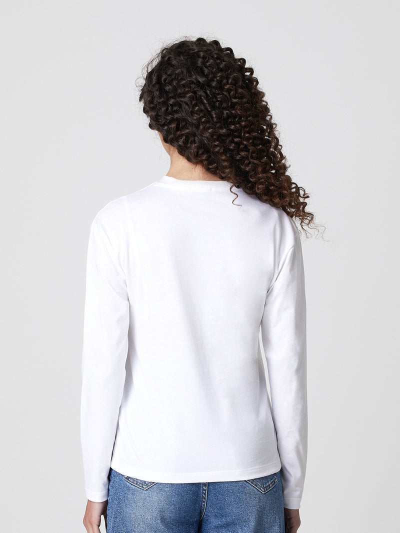 Jadea 4857B maglia donna girocollo manica lunga cotone tinta unita scritta latte 