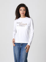 Jadea 4857B maglia donna girocollo manica lunga cotone tinta unita scritta latte 