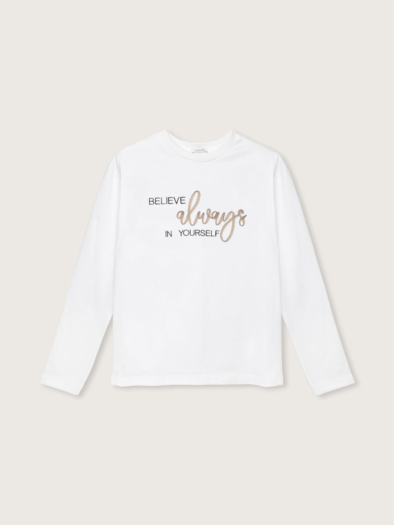 Jadea 4857B maglia donna girocollo manica lunga cotone tinta unita scritta latte 