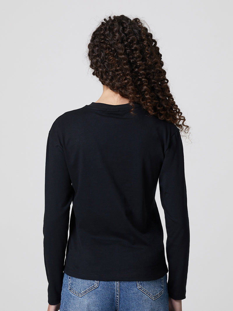 Jadea 4857B maglia donna girocollo manica lunga cotone tinta unita scritta nero 
