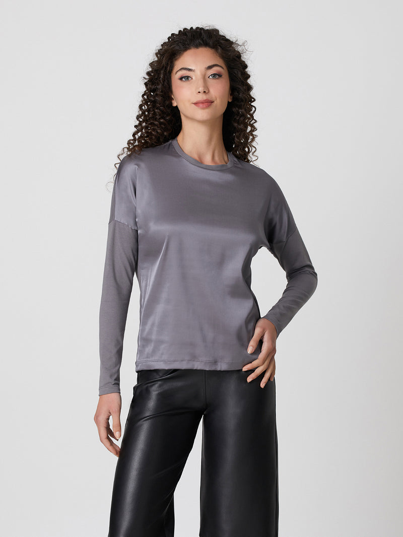 Jadea 4858 maglia donna girocollo in cotone e viscosa effetto similseta grigio 